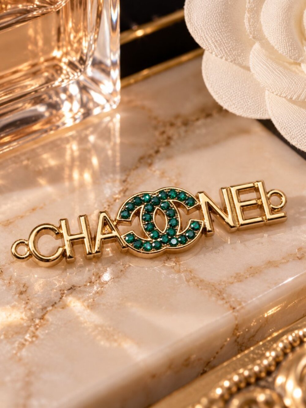 Authentic CHANEL Gold Logo Connector Charm Green Crystal CC Stamp
